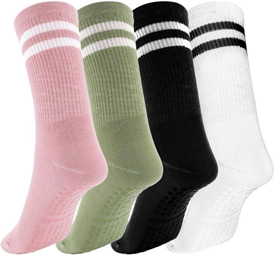Allecto Plus - Pilates Sokken voor Dames - Antislip Yoga Sokken - Grijs - 4 paar - Multikleur - Pilates Grip Sokken - Barre sokken - Lang model.