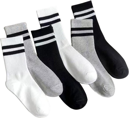Allecto Plus - Sportsokken van Katoen voor Tennis - Zwart Wit Grijs Gestreept - Set van 6 - One size passend voor sportliefhebbers