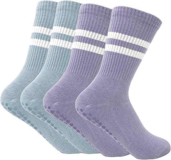 Allecto Plus - Yogasokken met antislip grips voor dames - Set van 2 paar - Ideaal voor sport en fitness - Blauw + paars