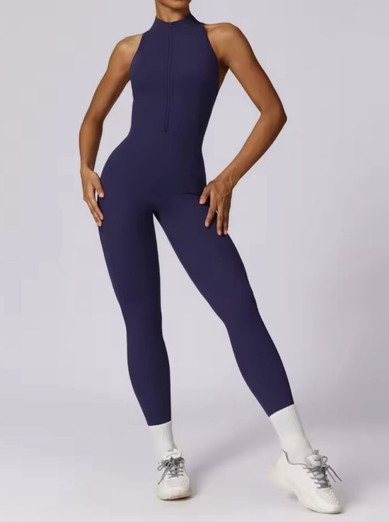 Allure Gym Jumpsuit - Maat XL - Donkerblauw - Dames Jumpsuit - Open Rug - Navy - Dark Blue - Seamless Sport Jumpsuit Dames