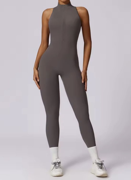 Allure Gym Jumpsuit - Maat XL - Grijs - Dames Jumpsuit - Open Rug - Charcoal Grey - Donkergrijs - Seamless Sport Jumpsuit Dames van Merkloos