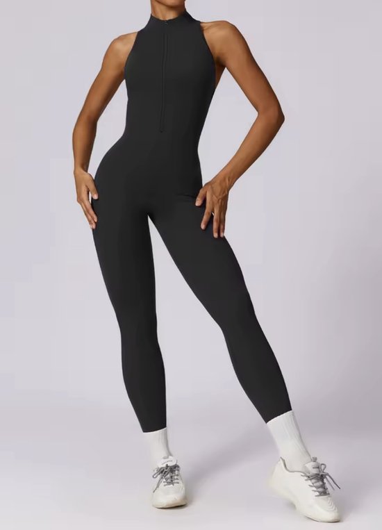 Allure Gym Jumpsuit - Maat XL - Zwart - Dames Jumpsuit - Open Rug - Solid Black - Seamless Sport Jumpsuit Dames