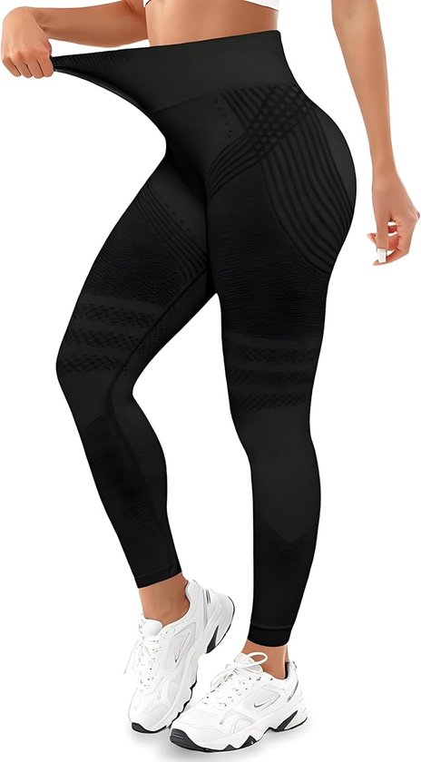 Anti-cellulitis-leggings - sportlegging voor dames - lange compressielegging billen push-up hoge taille ondoorzichtig - yoga pilates sportbroek - 1 stuk(XL Zwart) van Merkloos