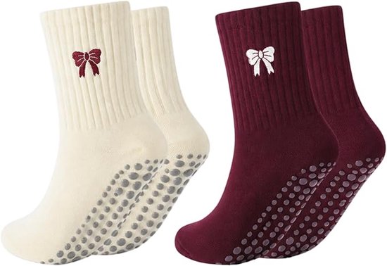 Antislip Pilatessokken voor dames - Verpakking van 2 paar - One size fits all - Antislip en zacht - Geschikt voor Pilatesapparatuur, yoga, fitness en andere oefeningen - Enkellange antislipsokken - Sokken tot halverwege de kuit met strikpatroon