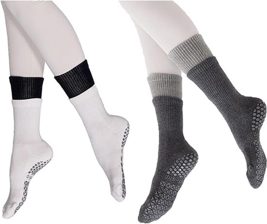 Antislip sokken - 2 stuks - Dubbellaags ontwerp - antislip sokken pilates - yoga sokken - yoga sokken antislip - antislipsokken - vloersokken - antislipkousen - one size - geschikt voor yoga, ballet, dans, blotevoetentraining - grijs,wit van Merkloos