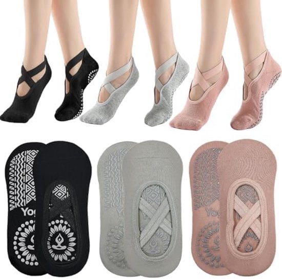 Antislip-sokken, 3 paar, sokken voor yoga en pilates voor dames en meisjes, trainingssokken met grip, vloersokken, antislip nopjes en bandjes, eenheidsmaat, ademend voor fitness en ballet van NOVOQUE.