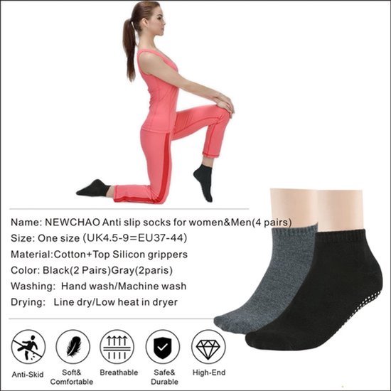 Antislip Sokken - 4 Paar - Ademend - Grip Sokken voor Yoga/Pilates - Thuis/Studio Gebruik - Comfortabel en Veilig