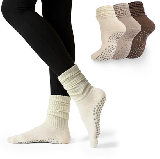Antislip sokken - antislip sokken pilates - Eén maat 36-46 - yoga sokken - yoga sokken antislip - Geschikt voor Lange Scrunch Slipper Sokken - 3 paar - geschikt voor yoga, ballet, dans, ballet, fitness - Khaki, Bruin, Beige - One Size van Merkloos
