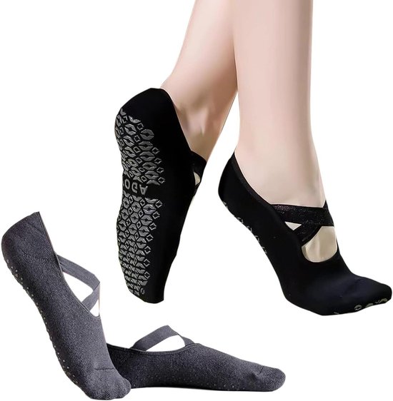 Antislip Sokken Dames 2 Paar voor Yoga Pilates Ballet Fitness - Zwart en Grijs met Barefoot Training van Merkloos