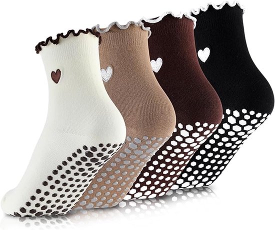 Antislip Sokken Dames - 4 Paar - Yoga & Pilates Sokken - Met Hartjes & Ruches - Grip Sokken - Maat 36-40 van Merkloos