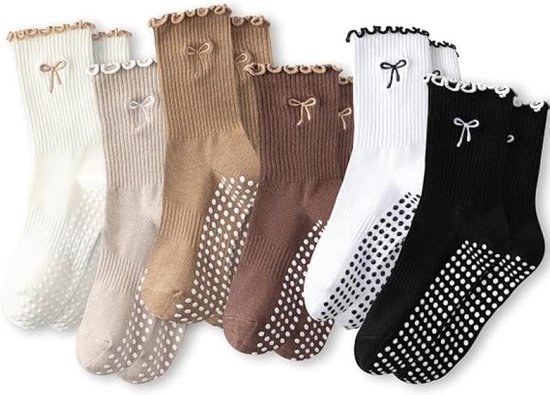 Antislip sokken - Pilates Sokken Antislip Dames - 6 Paar - Yoga Sokken Hoog - Pilates sokken - Gripsokken voor Yoga / Pilates / Ballet - Sportsokken -Antislip Katoenen Sokken - Antislip enkelsokken - One Size - Sokken Dames met ruche - dichte tenen