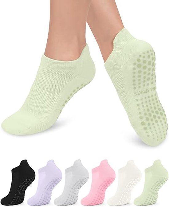 Antislip sokken - sokken voor dames 6 Paar - Pilates sportsokken - Yoga Enkelsokken - ter voorkoming van vallen - Yoga Sport sokken - One size - voor vechtsporten, fitness, dans, barre, gymnastiek - Huissokken Dames en Heren - Gripsokken - 6 kleuren van Merkloos