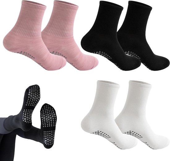 Antislip sokken voor yoga en pilates - set van 3 paar in zwart, wit en roze - grip lange sokken voor barre, ballet en gymoefeningen