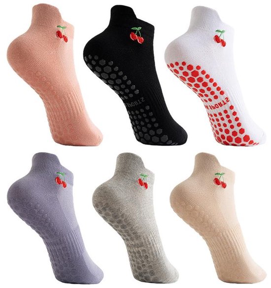 Antislip Sokken - Yoga Sokken - 6 paar - Pilates Sokken - met Grip - voor dames - Sneakersokken - voor Dans en Workouts - Zwart, Wit, Grijs, lichtbruin, Roze en Paars - eenheidsmaat