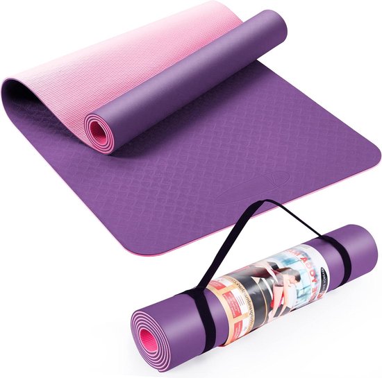 Antislip TPE yogamat met draagriemen voor dames en heren - pilates stretching thuisgymnastiek - 183 x 61 x 0.6 cm