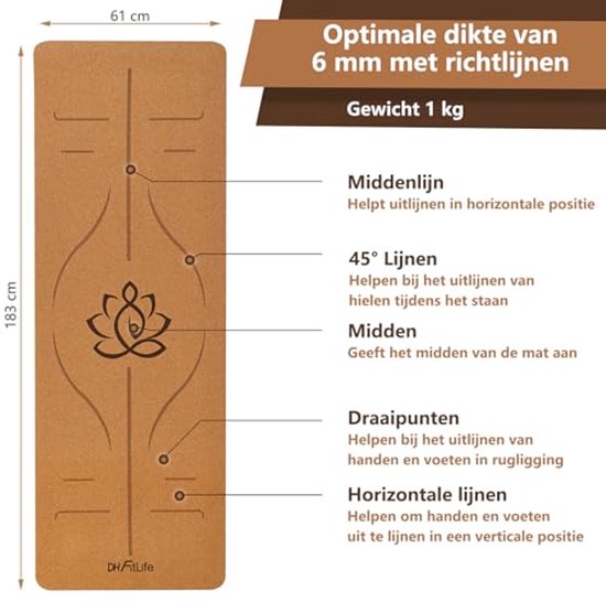Antislip Yoga- en Gymnastiekmat van Kurk en TPE - 183 x 61 x 0,6 cm - Demping en Comfort voor Thuis en Oefeningen