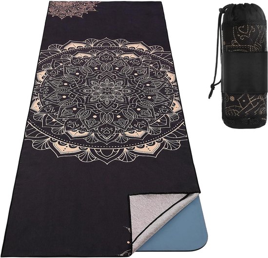 Antislip yogahanddoek met afdrukpatroon en hoekzak, sneldrogend voor yogamat, pilates, training, picknick - zwart goud, multifunctioneel gebruikt.