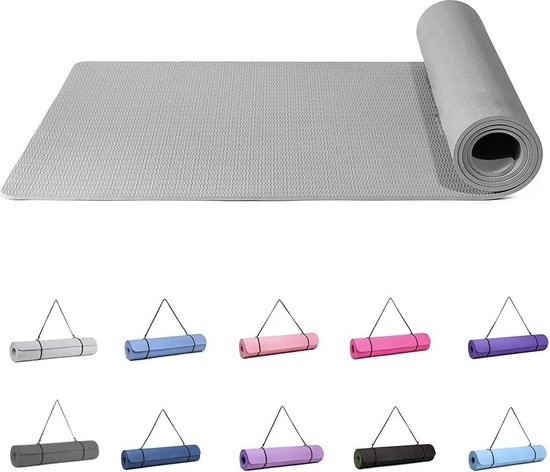 Antislip yogamat met gestructureerd oppervlak en draagband - 6mm dik - voor vrouwen - grijs Yogamat