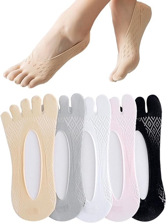 Antislip yogasokken, 5 paar dames antislipsokken, ademende vijfvingerige sokken, onzichtbare teensokken, geschikt voor hardlopen, yoga, pilates van Merkloos