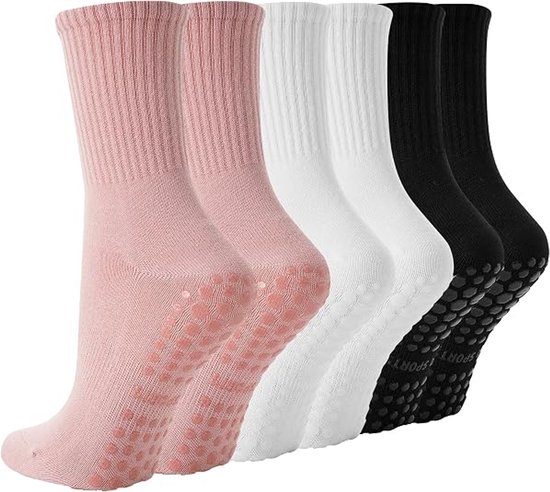 Antislip Yogasokken Dames – Set van 3 – Katoenen Pilates Sokken – Gripzool – Maat 36-40 – Roze Wit Zwart