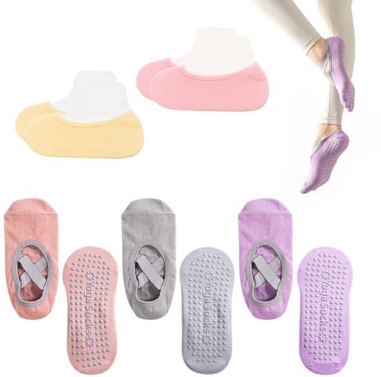 Antislip yogasokken - No-show sokken - Sterke grip - Roze, paars, grijs - Geschikt voor ballet, pilates, fitness - 3 paar yogasokken en 2...