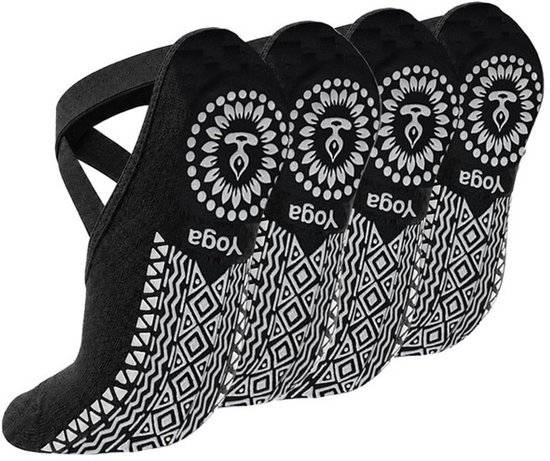 Antislip yogasokken - Set van 2 paar - Trainingssokken voor dames en meisjes - One-size sokken voor op de vloer - Antislipontwerp met bandjes - Voor pilates, dans en fitness - 2 Zwart