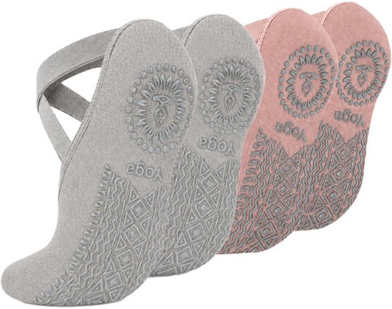 Antislip yogasokken - Set van 2 paar - Trainingssokken voor dames en meisjes - One-size sokken voor op de vloer - Antislipontwerp met bandjes - Voor pilates, dans en fitness - Grijs + Roze