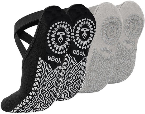 Antislip yogasokken - Set van 2 paar - Trainingssokken voor dames en meisjes - One-size sokken voor op de vloer - Antislipontwerp met bandjes - Voor pilates, dans en fitness - Zwart + Grijs