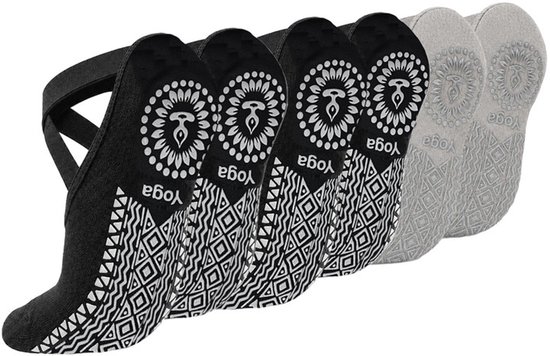 Antislip yogasokken - Set van 3 paar - Trainingssokken voor dames en meisjes - One-size sokken voor op de vloer - Antislipontwerp met bandjes - Voor pilates, dans en fitness - 2 Zwart + Grijs
