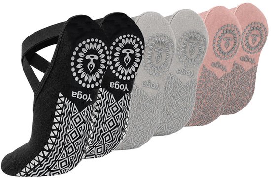 Antislip yogasokken - Set van 3 paar - Trainingssokken voor dames en meisjes - One-size sokken voor op de vloer - Antislipontwerp met bandjes - Voor pilates, dans en fitness -Zwart + Lichtgrijs + Roze