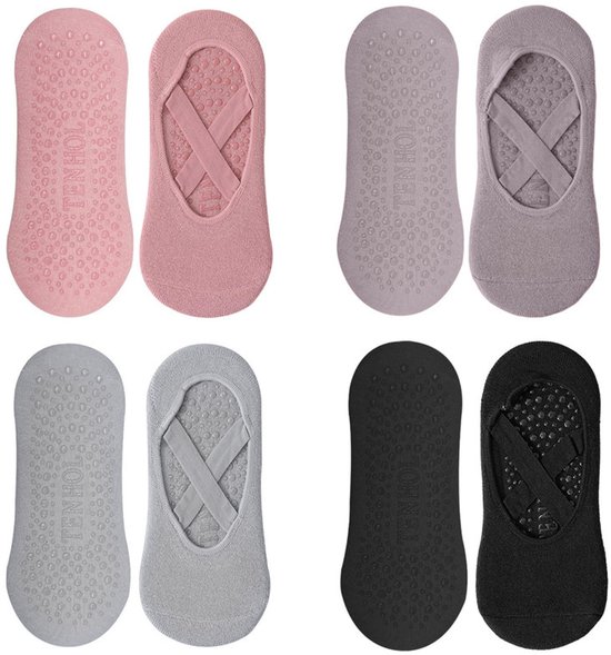 Antislip yogasokken – set van 4 paar – damesmodel (pilates- & balletstijl) – ademend katoen – met antislipnoppen – geschikt voor pilates & barre-Zwart + Leigrijs + Mauve + Lichtpaars
