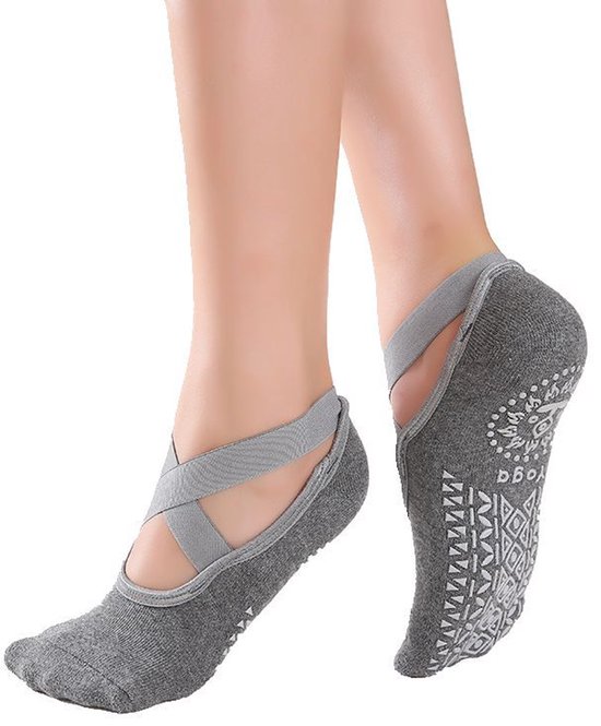 Antislip yogasokken voor dames, sokken met vijf tenen en antislipstrips voor pilates, ballet, dans, oefeningen en fitness (2 paar, maat 35-39) - grijs