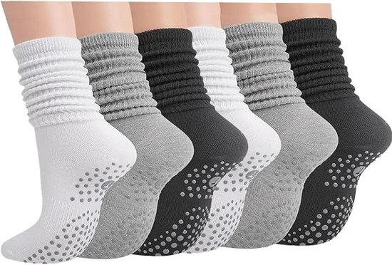 Antislipsokken - Antislip Pilatessokken - Yogasokken - Unisex antislipsokken - Antislip yogasokken - Kuitsokken - Sportsokken - Set van 3 - Zwart, wit en grijs