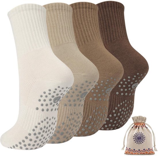 Antislipsokken Dames - 4 Paar Yoga Sokken - Antislip Sokken met Noppen - Ademend - Naadloze Tenen - Ondersteuning Voetboog - Yogasokken