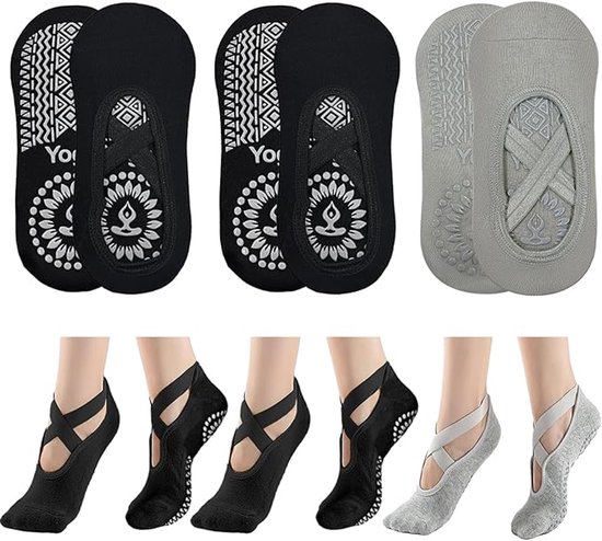 Antislipsokken — Set van 3 paar — Yoga- & Pilates-sokken — Voor dames & meisjes — Gripsokken — Vloersokken — Met antislipnoppen & bandjes — One size fits all — Ademend — Ideaal voor fitness & ballet. van Merkloos