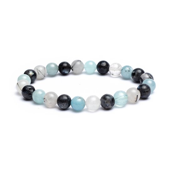 Armband aquamarijn/ labradoriet/ tourmalijnkwarts elastisch