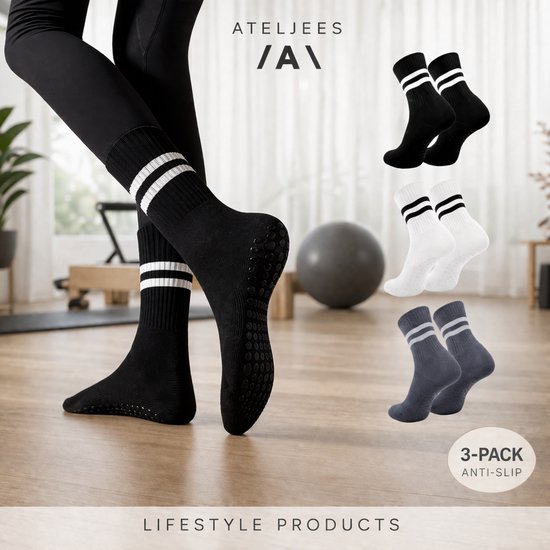 Ateljees Yoga / Pilates Sokken met Anti Slip – 3 Pack – Wit, Grijs & Zwart – Maat 36-39 van Merkloos