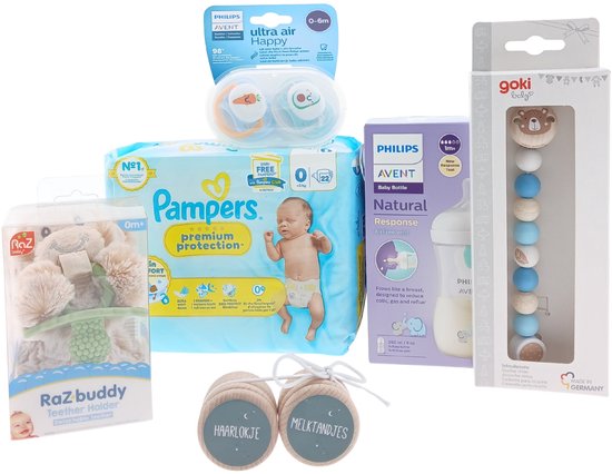 Avent Kraamcadeauset met Pampers Luiers - Drinkfles - Fopspeen - Ketting Blauw - Bewaardoosjes – Luxe Cadeauset | Giftbox | Perfect Geschenk voor Iedereen van Avent