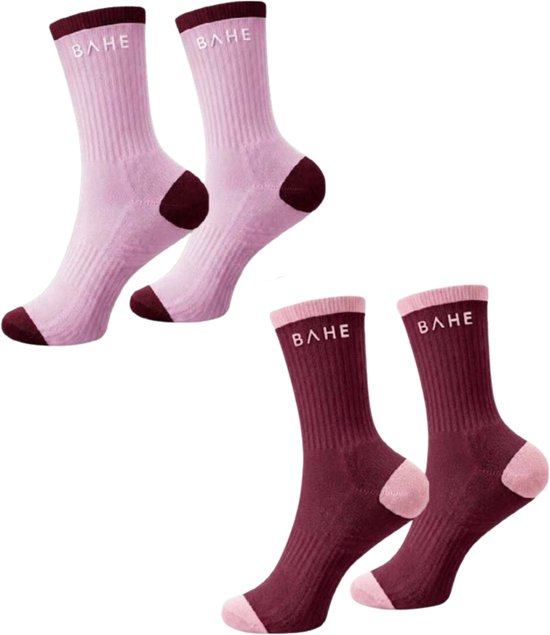 BAHE - Studio Grippy Crew Socks - Pilates Socks - Antislip Sokken - 2 Pack Grip Socks - Pink/Burgundy