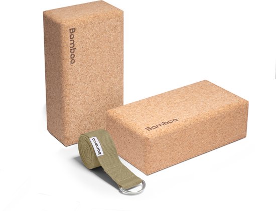 Bamboa 100% Portugees Kurk Yoga Blokken - Set van 2 + Yoga Riem - Premium Kwaliteit met Luxe Verpakking - Duurzaam & Extra Grip - Kado tip - Premium Cork Yoga Blocks van Merkloos