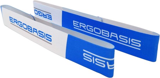 Band/bevestigingsriem voor gymnastiekmatten, set van 2, voor het vastzetten van opgerolde fitnessmatten, blauw-wit met Ergobasis-logo