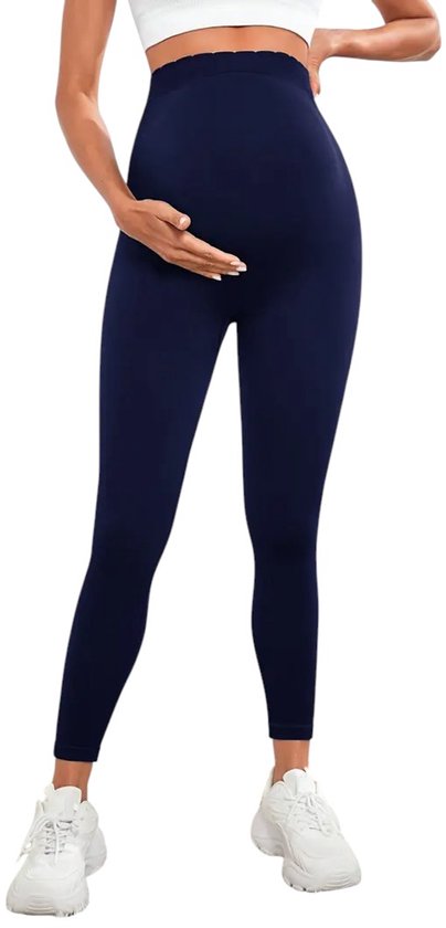 BELLYFLEX Maternity Legging - Hoge Taille Zwangerschapslegging - Geribbelde Tailleband - Sportlegging - Comfortabel & Stijlvol - Ademend - Sneldrogend - Blauw - Maat S van BELLYFLEX