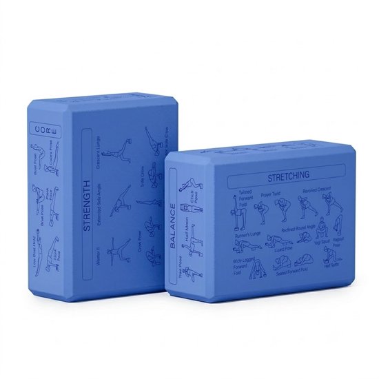 Blauwe Pilates blokken yoga blokken set unisex 2 delig EVA schuim antislip yogablokken met yogahouding gids op 6 zijden afgeschuinde randen voor yoga pilates meditatie stretching en balans