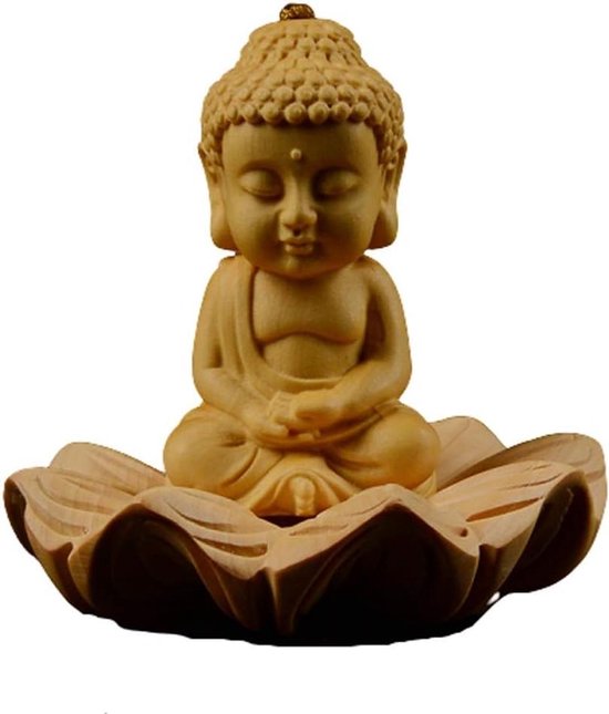 Boeddha beeld - Decoratief beeld - Meditatie decoratie - Massief houten - 5x2x6 cm - Houtkleur
