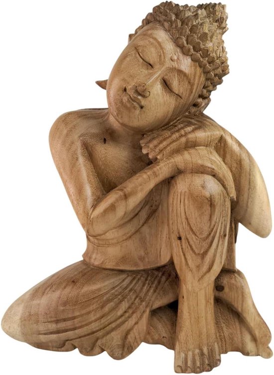 Boeddhabeeld zittend - Houten sculptuur - Meditatie en rust - Handgesneden massief hout - Hoogte 30 cm - Beige