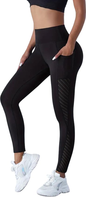 Breathable Pocket Legging - Dames - Sportbroek - Sportlegging - Mesh Panelen - Zwart - Ademend - met Zakken - Comfortabel - Met Geruite Mesh Panel - Zwart - Maat XL van Famme.