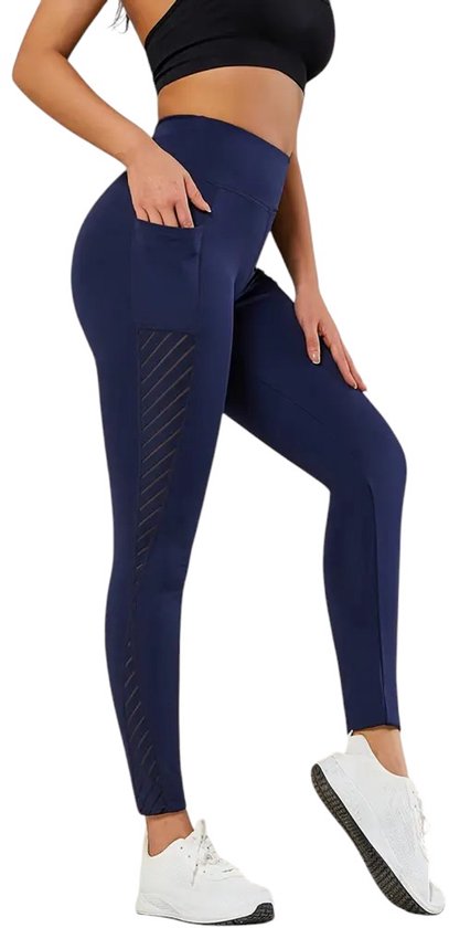 BREATHFLEX Breathable Pocket Legging - Dames - Sportbroek - Sportlegging - Mesh Panelen - Zwart - Ademend - met Zakken - Comfortabel - Met Geruite Mesh Panel - Stijlvol - Marineblauw - Blauw - Maat L van Merkloos