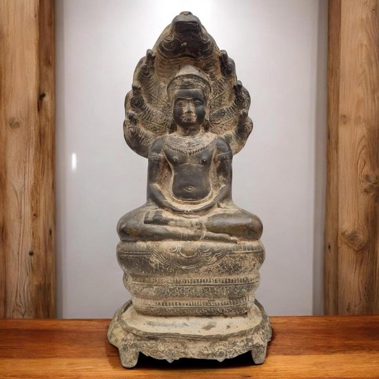 Bronzen Boeddhafiguur - Aziatisch tempelbeeld - Meditatie en zen - Handgemaakt met patina - 39x19x13cm - Grijs/bruin