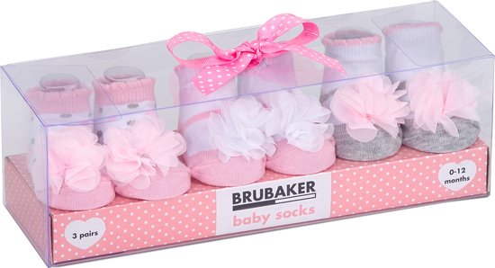 BRUBAKER 3 paar babysokken jongens meisjes 0-12 maanden - ruches stippen bloemen strepen - pasgeboren cadeauset voor baby's - katoen van BRUBAKER