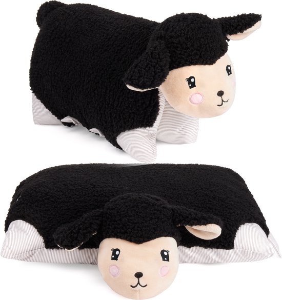 BRUBAKER Knuffeldieren Kussen Schaap - 2 in 1 Pluche Dier en Knuffelkussen - 40 x 30 cm Decoratief Kussen - Opvouwbaar Kinderkussen van Pluche met Klittenband - Dierenkussen Schaap Speelgoed - Zwart van BRUBAKER